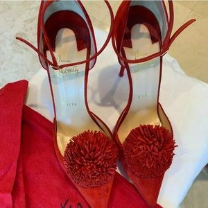 Christian Louboutin Tasrou, Red, Suede Pom Pom